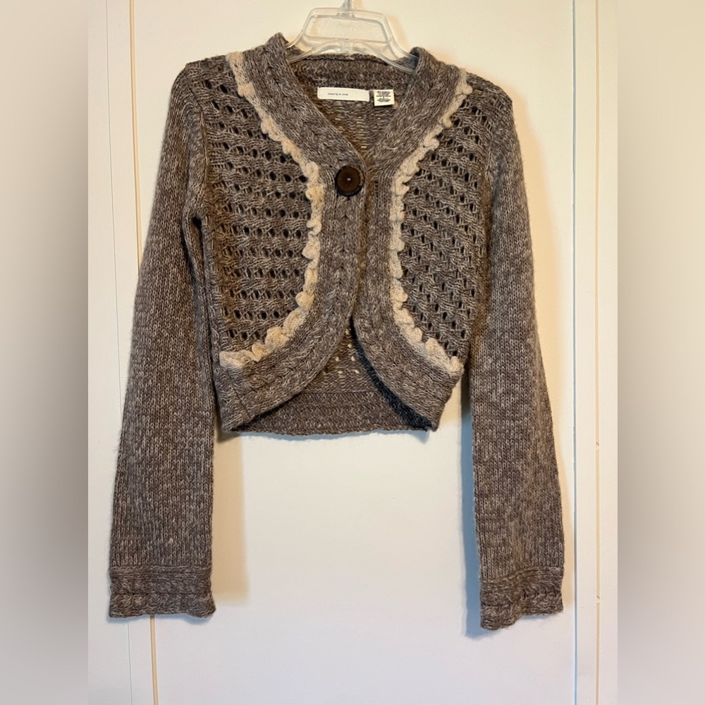 Anthropologie Cropped Brown Knit Cardigan with Cream Trim